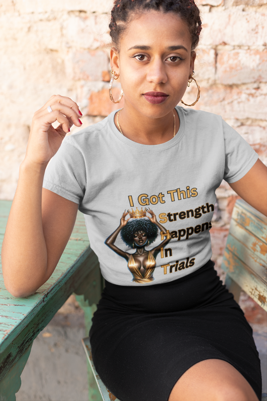 Empowering Black Queen Tee | Strength Happens in Trials