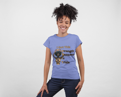 Empowering Black Queen Tee | Strength Happens in Trials