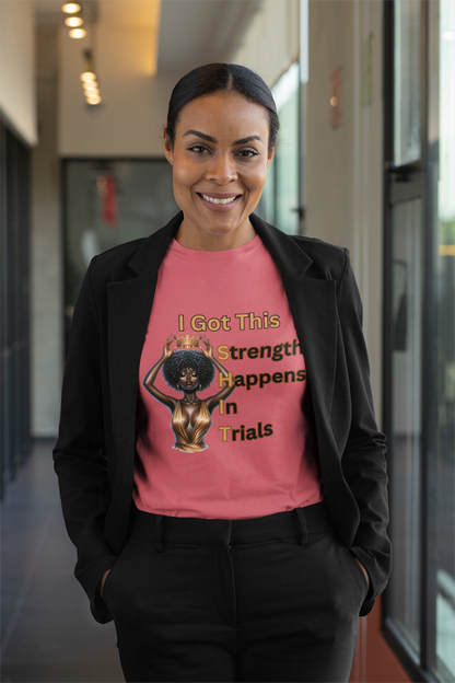 Empowering Black Queen Tee | Strength Happens in Trials